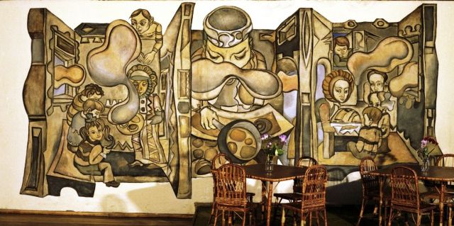 Freska-tempera „Du gaideliai“ vaikų kavinėje